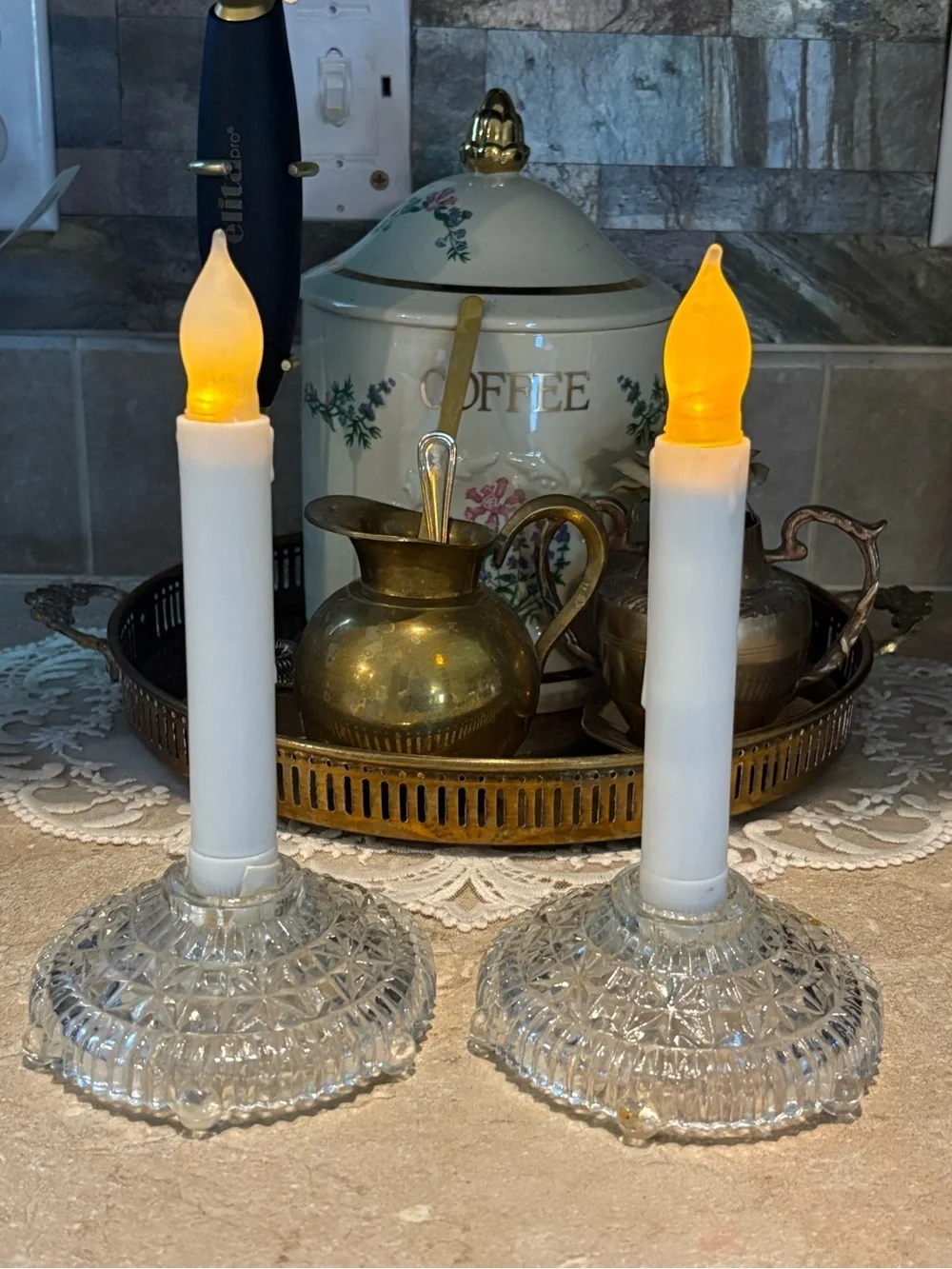Vintage Clear Pressed Glass Starburst Taper Candle Holders Pair